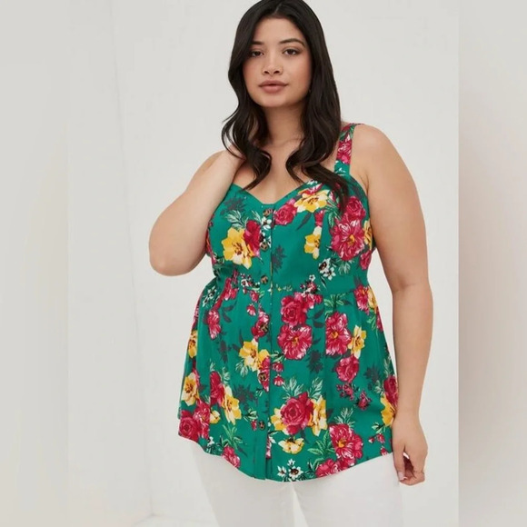 Torrid Fit And Flare Rayon Slub Lace-Up Back Tank Floral Green Women Size 1X - Picture 2 of 9